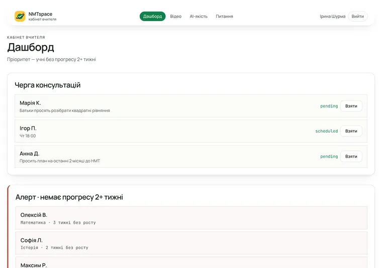 Кабінет вчителя NMTspace: черга консультацій і учні без прогресу 2+ тижні
